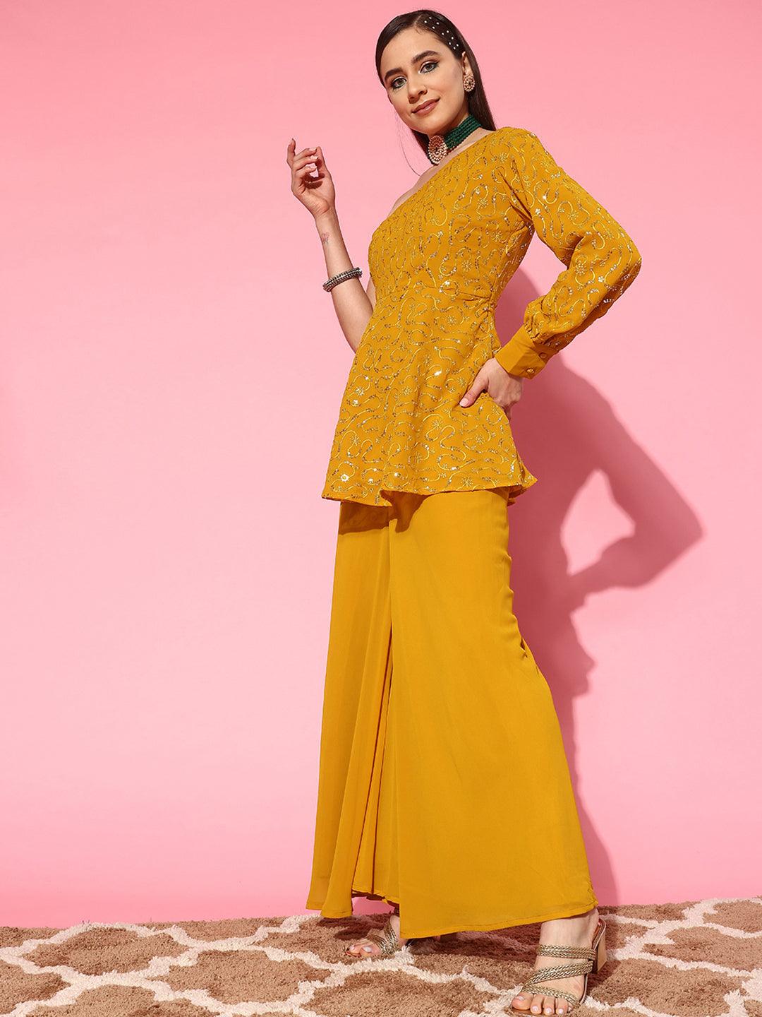 Mustard Embellished Georgette Tunic With Palazzos - Libas 