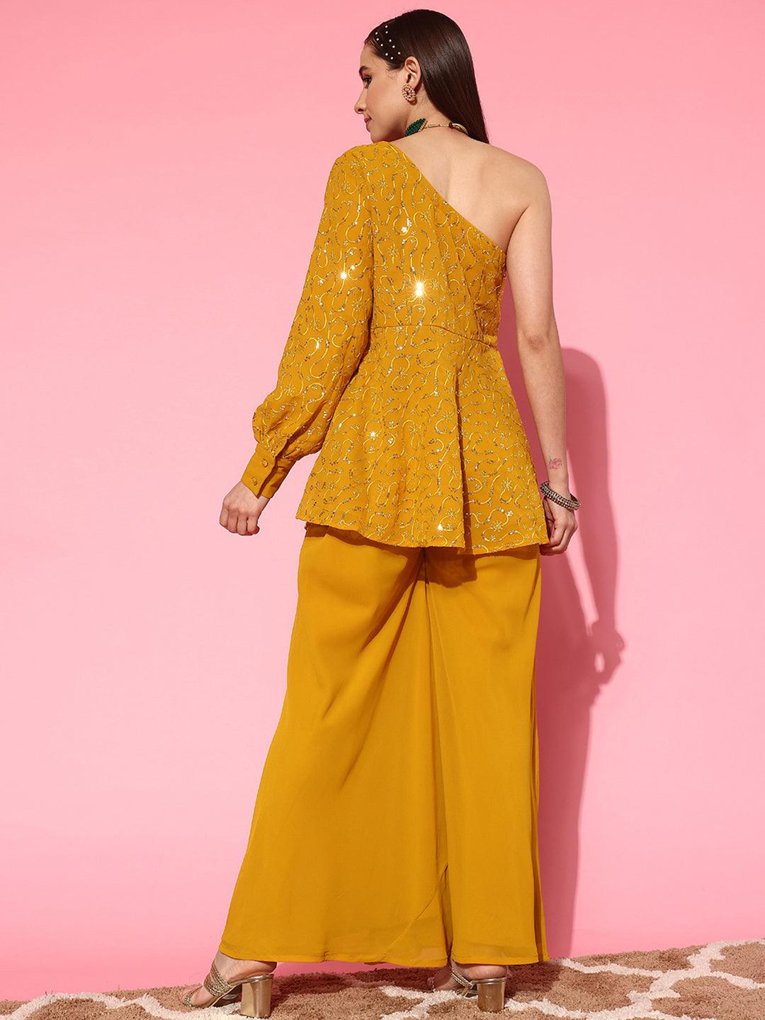 Mustard Embellished Georgette Tunic With Palazzos - Libas 