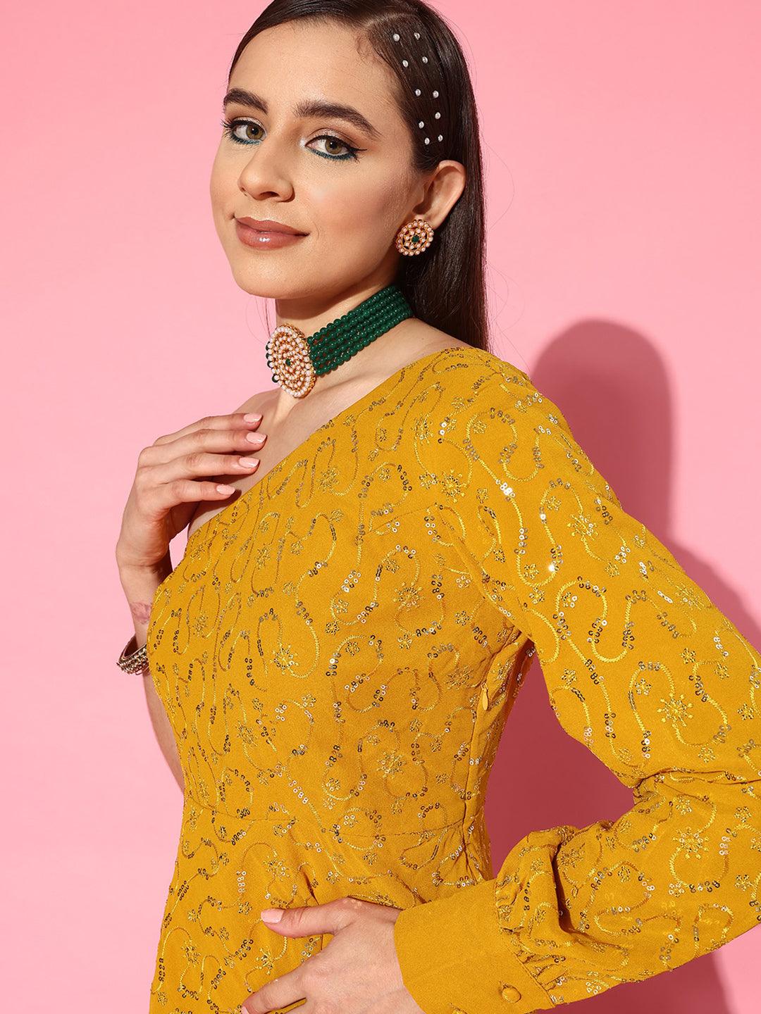 Mustard Embellished Georgette Tunic With Palazzos - Libas 