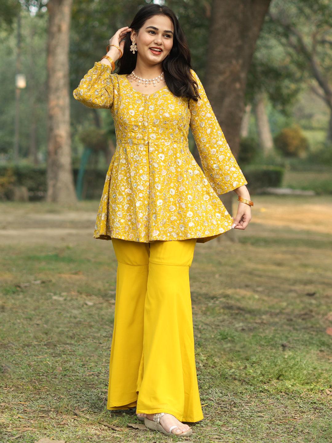 Mustard Embellished Georgette Tunic With Sharara - Libas