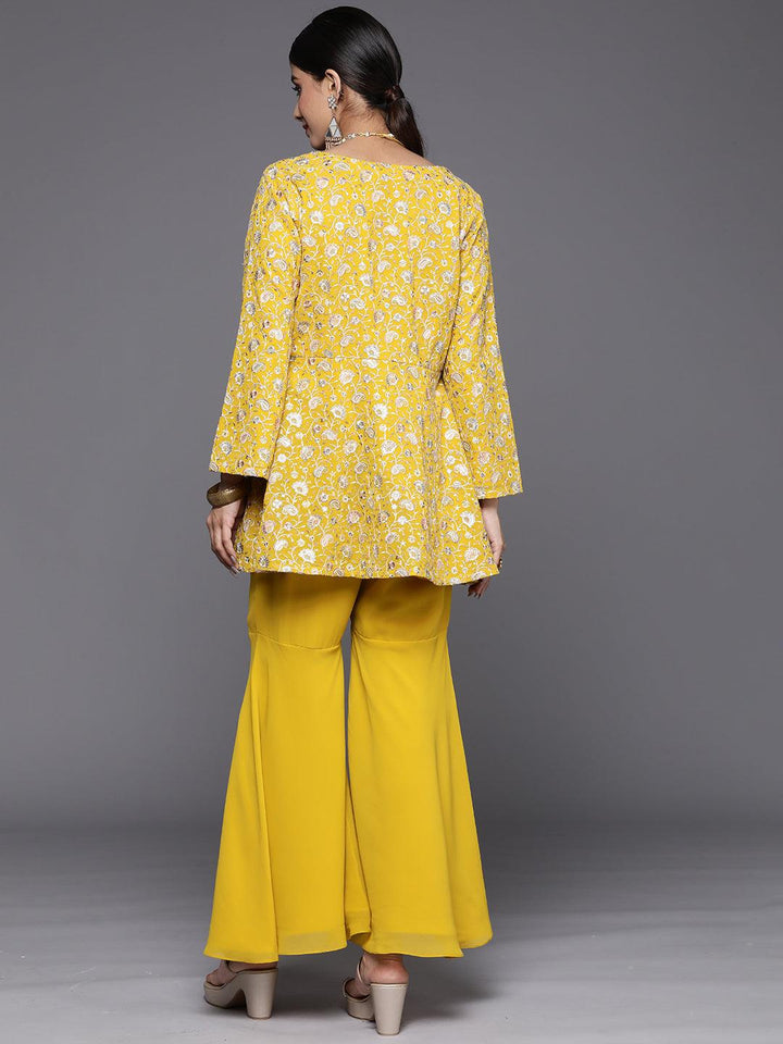 Mustard Embellished Georgette Tunic With Sharara - Libas