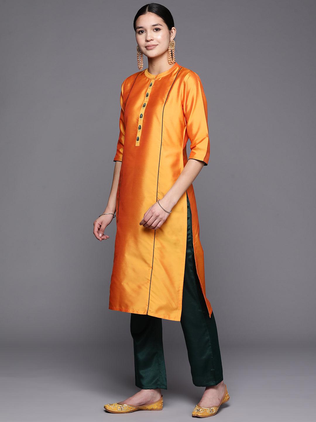 Mustard Embroidered Art Silk Straight Suit Set With Trousers - Libas