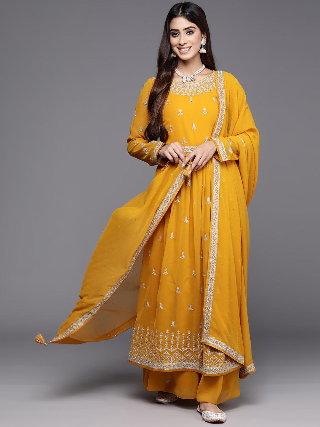 Mustard Embroidered Georgette A-Line Kurta With Palazzos & Dupatta - Libas 