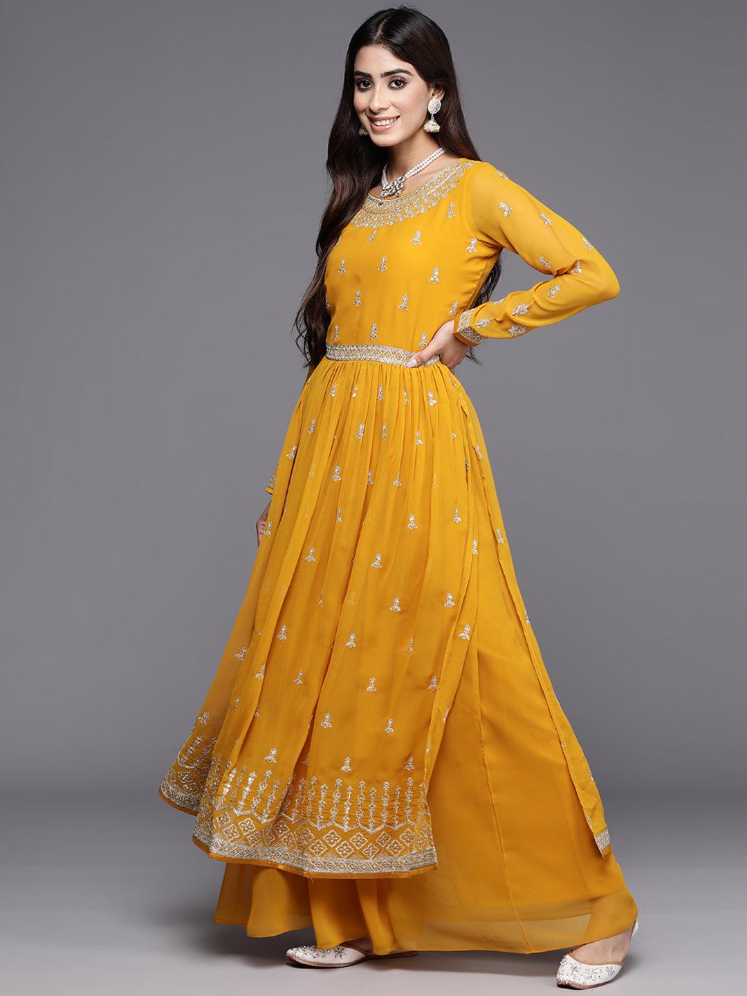 Mustard Embroidered Georgette A-Line Kurta With Palazzos & Dupatta - Libas 