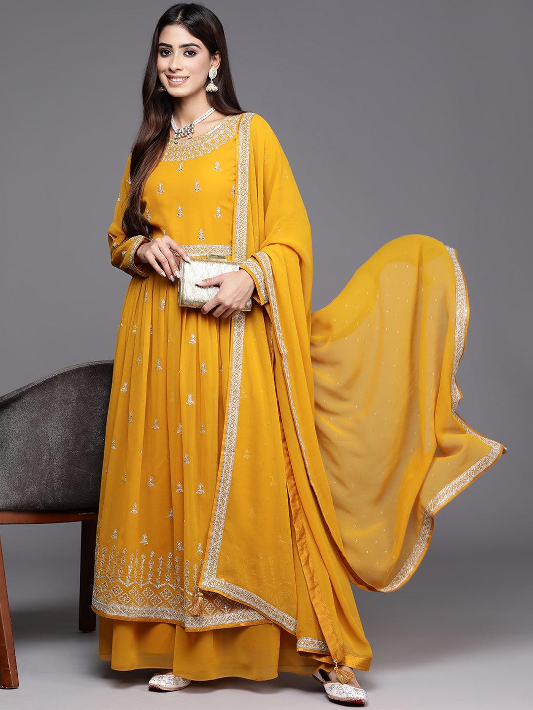 Mustard Embroidered Georgette A-Line Kurta With Palazzos & Dupatta - Libas 