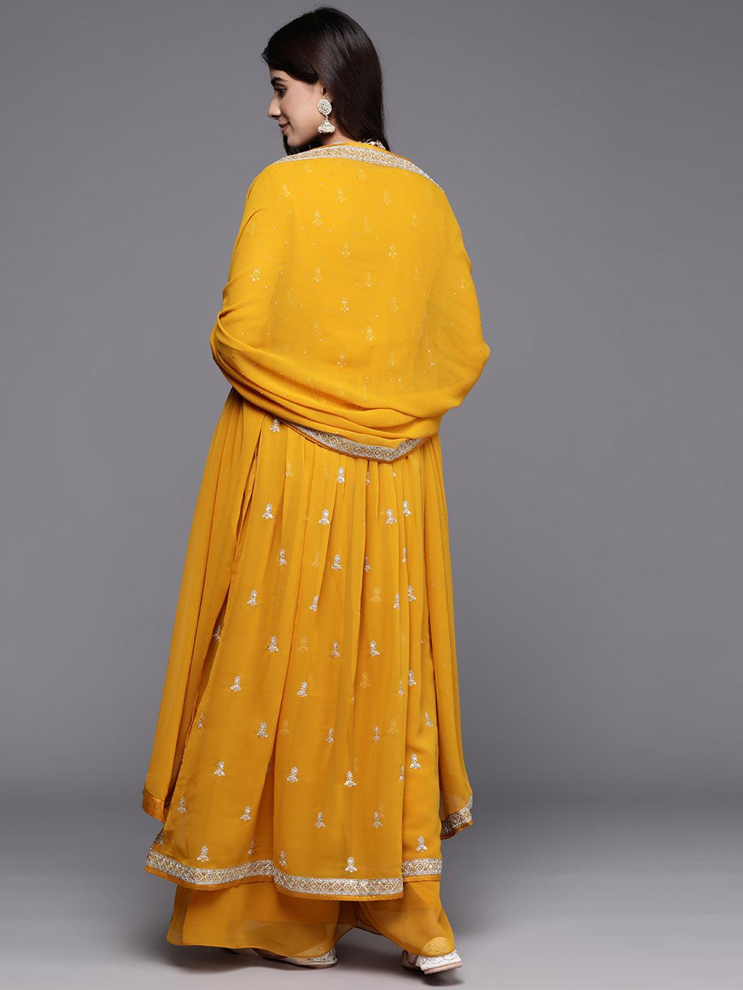 Mustard Embroidered Georgette A-Line Kurta With Palazzos & Dupatta - Libas 