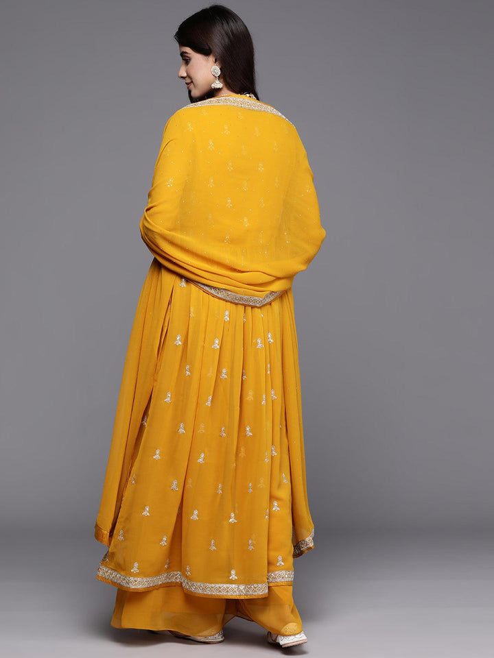 Mustard Embroidered Georgette A-Line Kurta With Palazzos & Dupatta - Libas