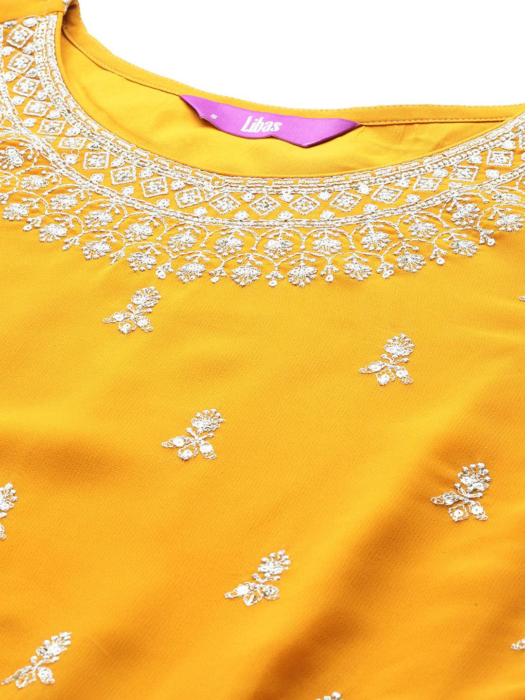 Mustard Embroidered Georgette A-Line Kurta With Palazzos & Dupatta - Libas 