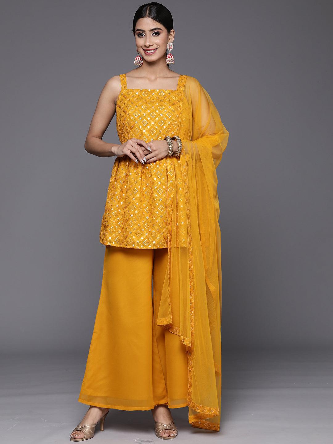 Mustard Embroidered Georgette A-Line Suit Set With Palazzos - Libas 