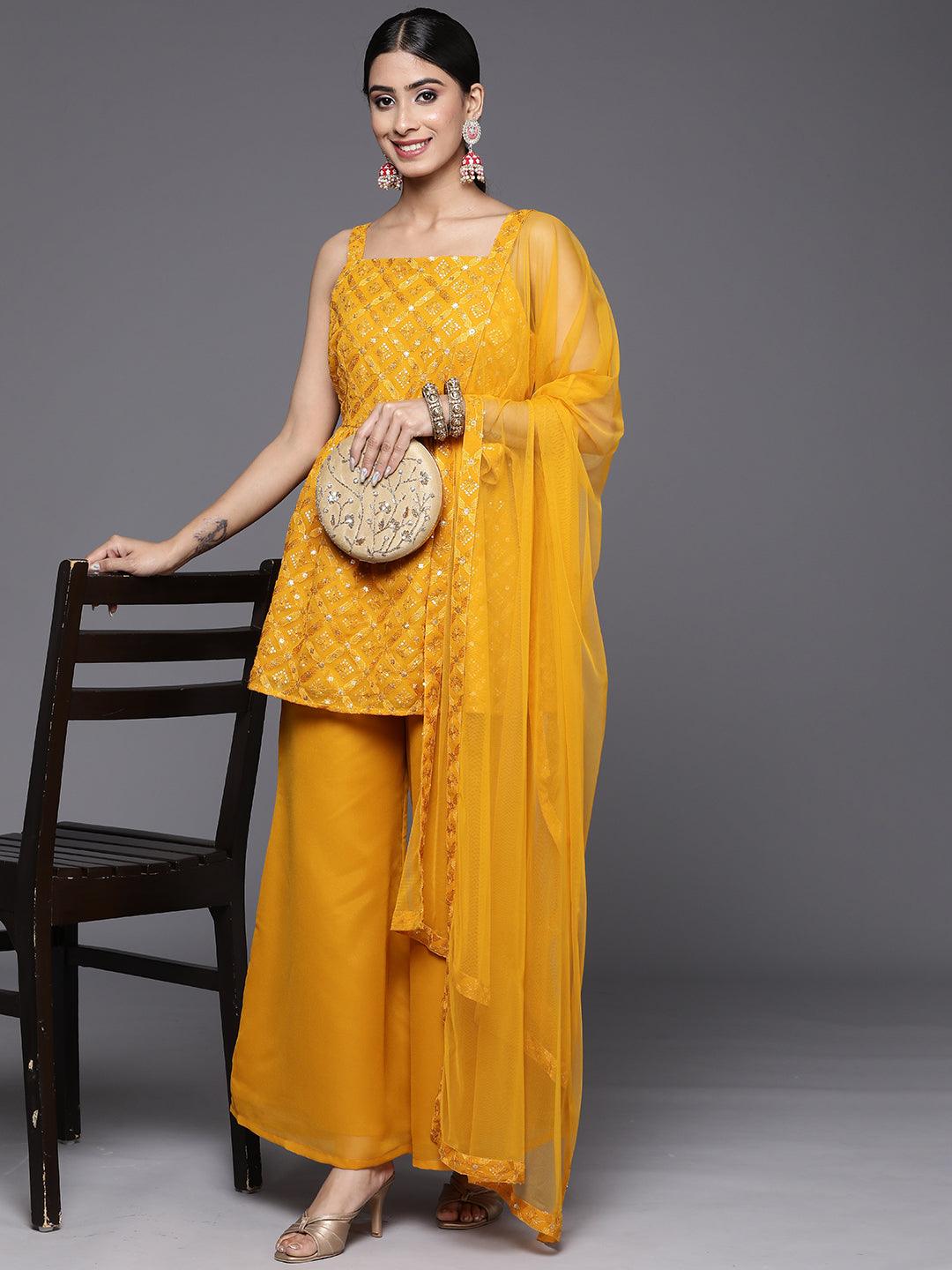 Mustard Embroidered Georgette A-Line Suit Set With Palazzos - Libas 