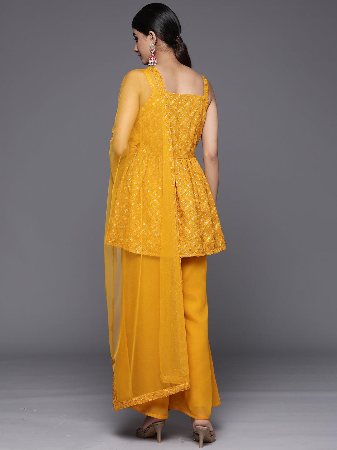 Mustard Embroidered Georgette A-Line Suit Set With Palazzos - Libas 