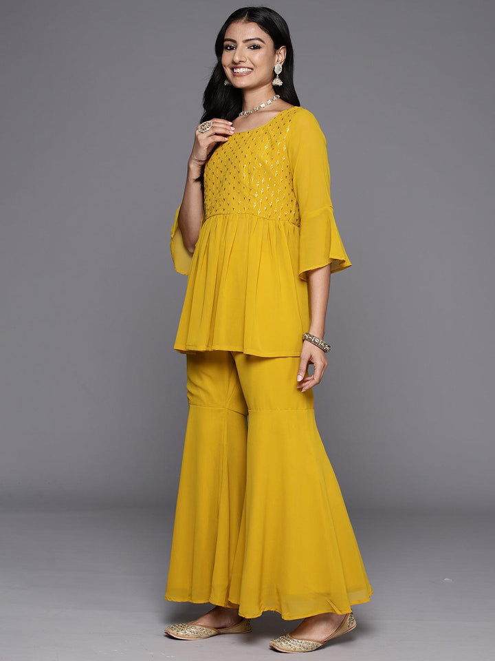 Mustard Embroidered Georgette A-Line Kurti With Sharara & Dupatta - Libas