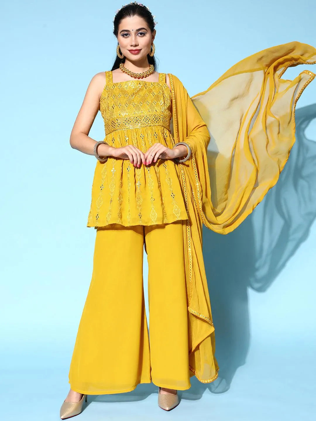 Mustard Embroidered Georgette Anarkali Suit Set - Libas 