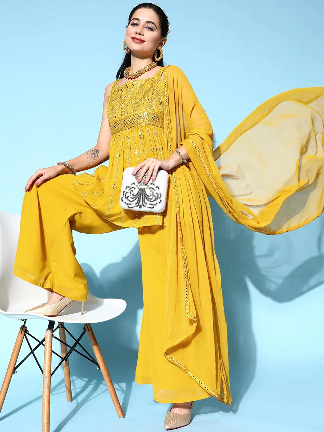 Mustard Embroidered Georgette Anarkali Suit Set - Libas 