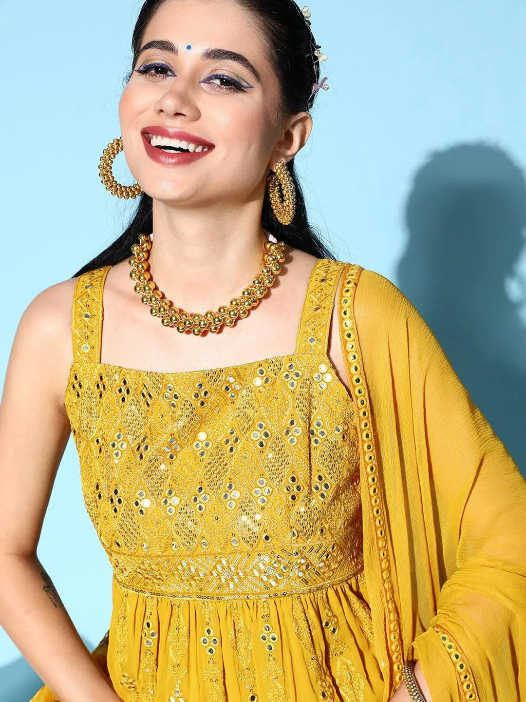 Mustard Embroidered Georgette Anarkali Suit Set - Libas 