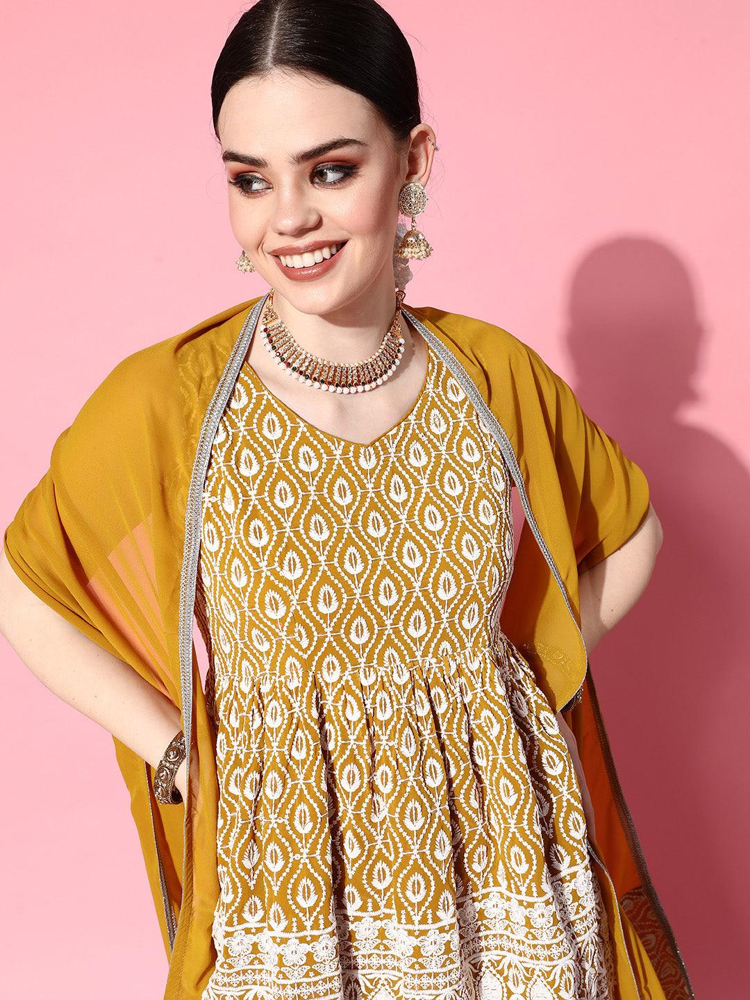 Mustard Embroidered Georgette Anarkali Sharara Suit Set With Dupatta