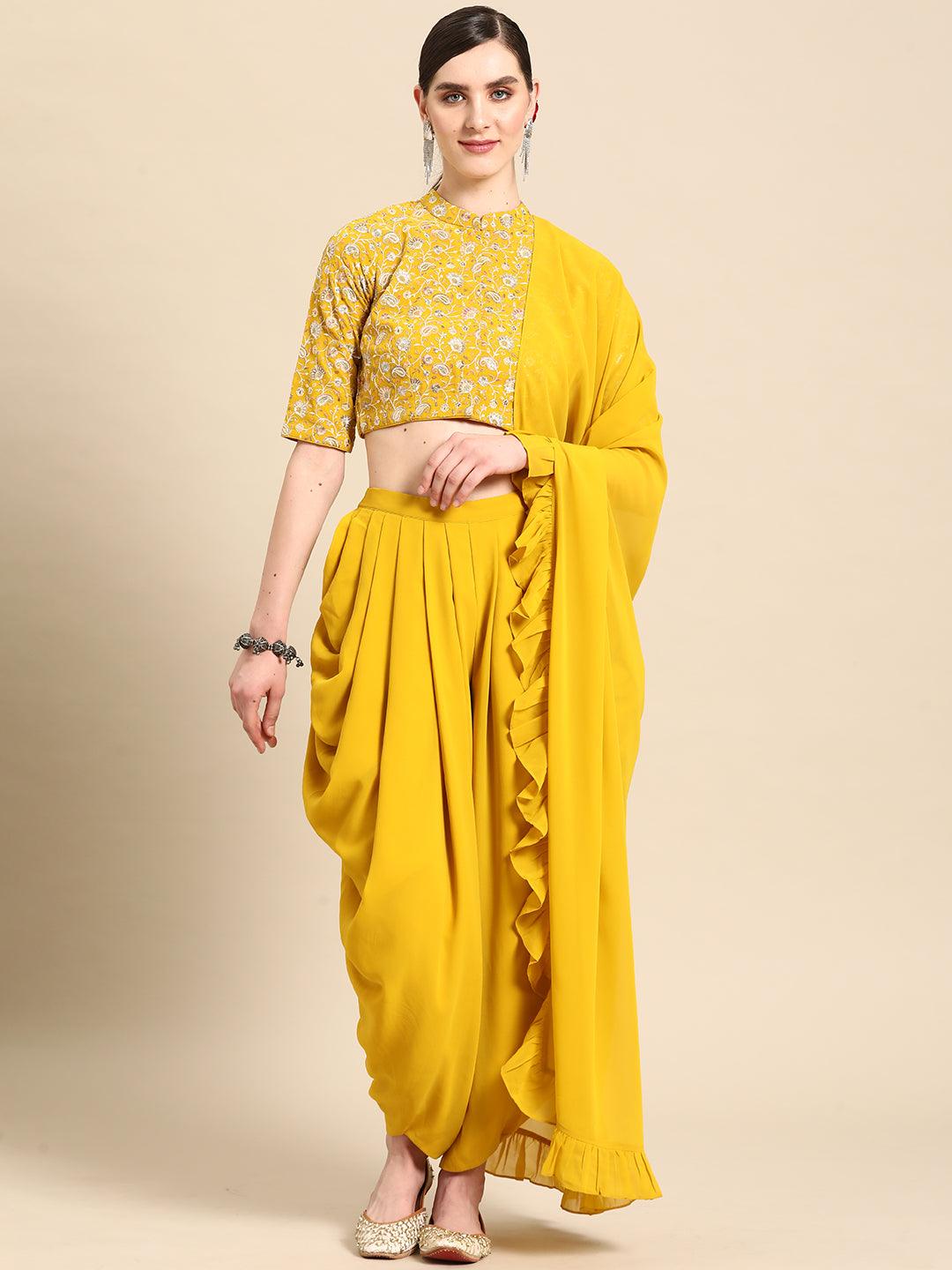 Mustard Embroidered Georgette Dhoti Saree - Libas 