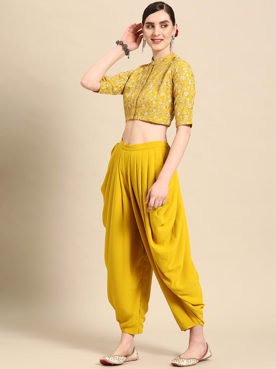 Mustard Embroidered Georgette Dhoti Saree - Libas 