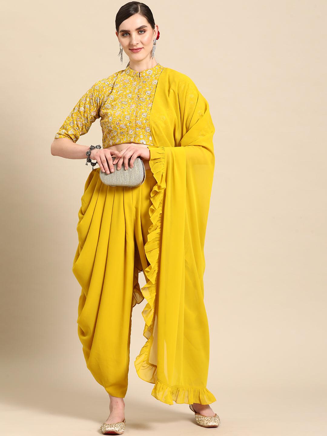 Mustard Embroidered Georgette Dhoti Saree - Libas 