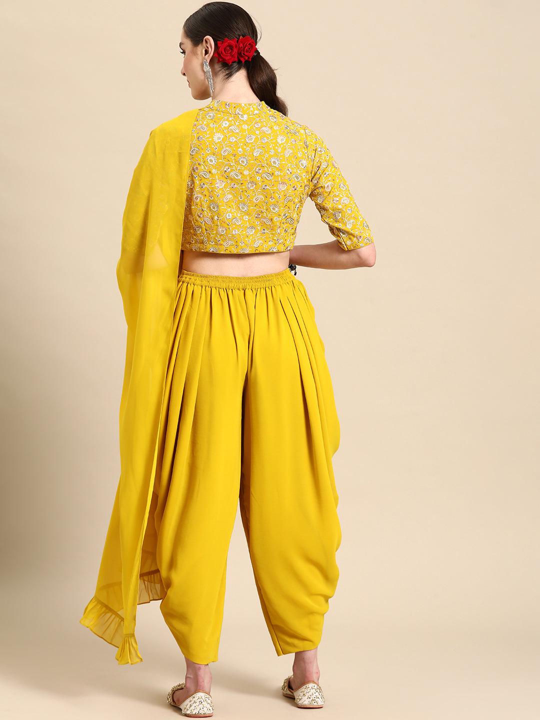 Mustard Embroidered Georgette Dhoti Saree - Libas 