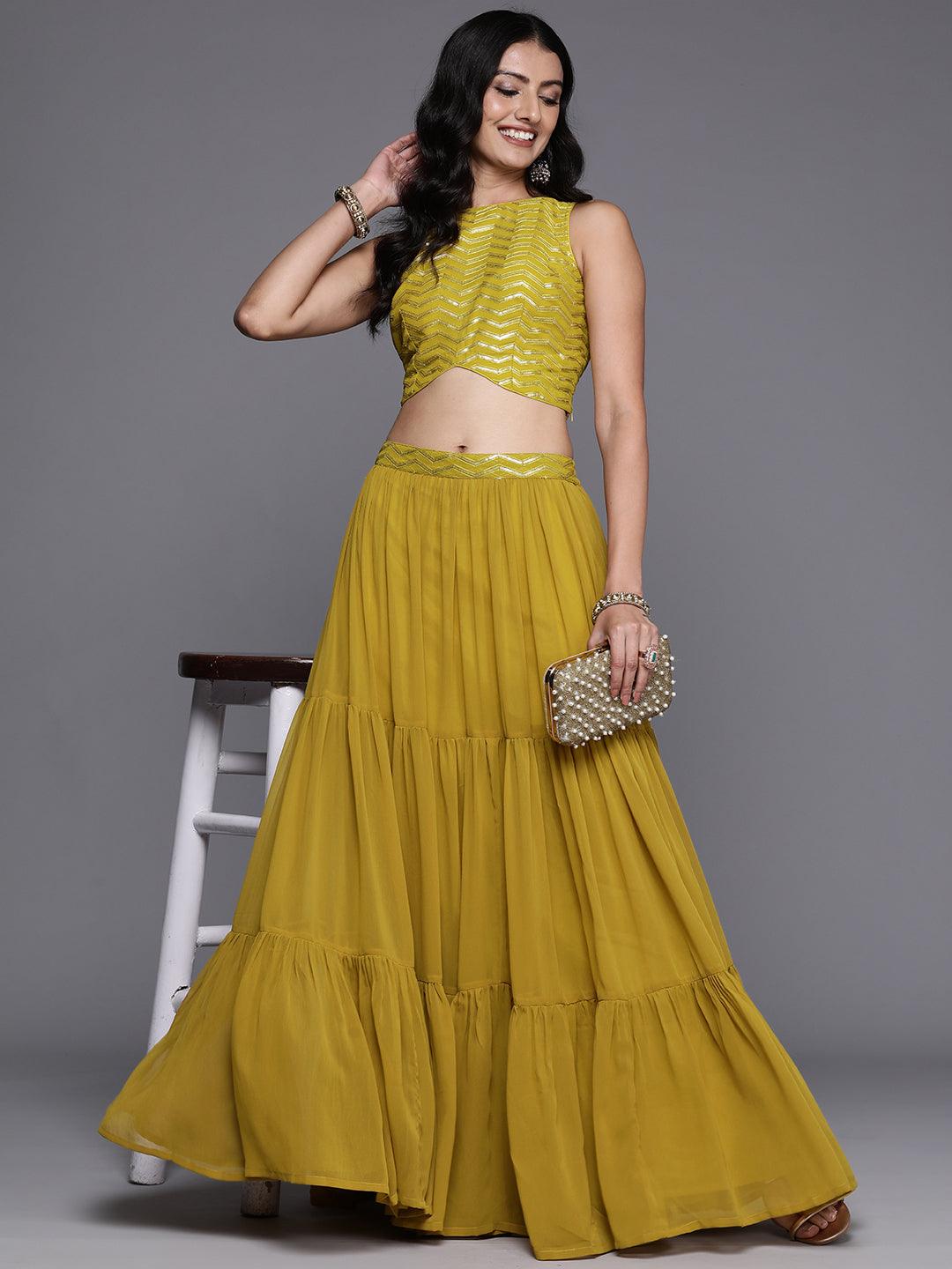 Mustard Embroidered Georgette Lehenga Set - Libas 