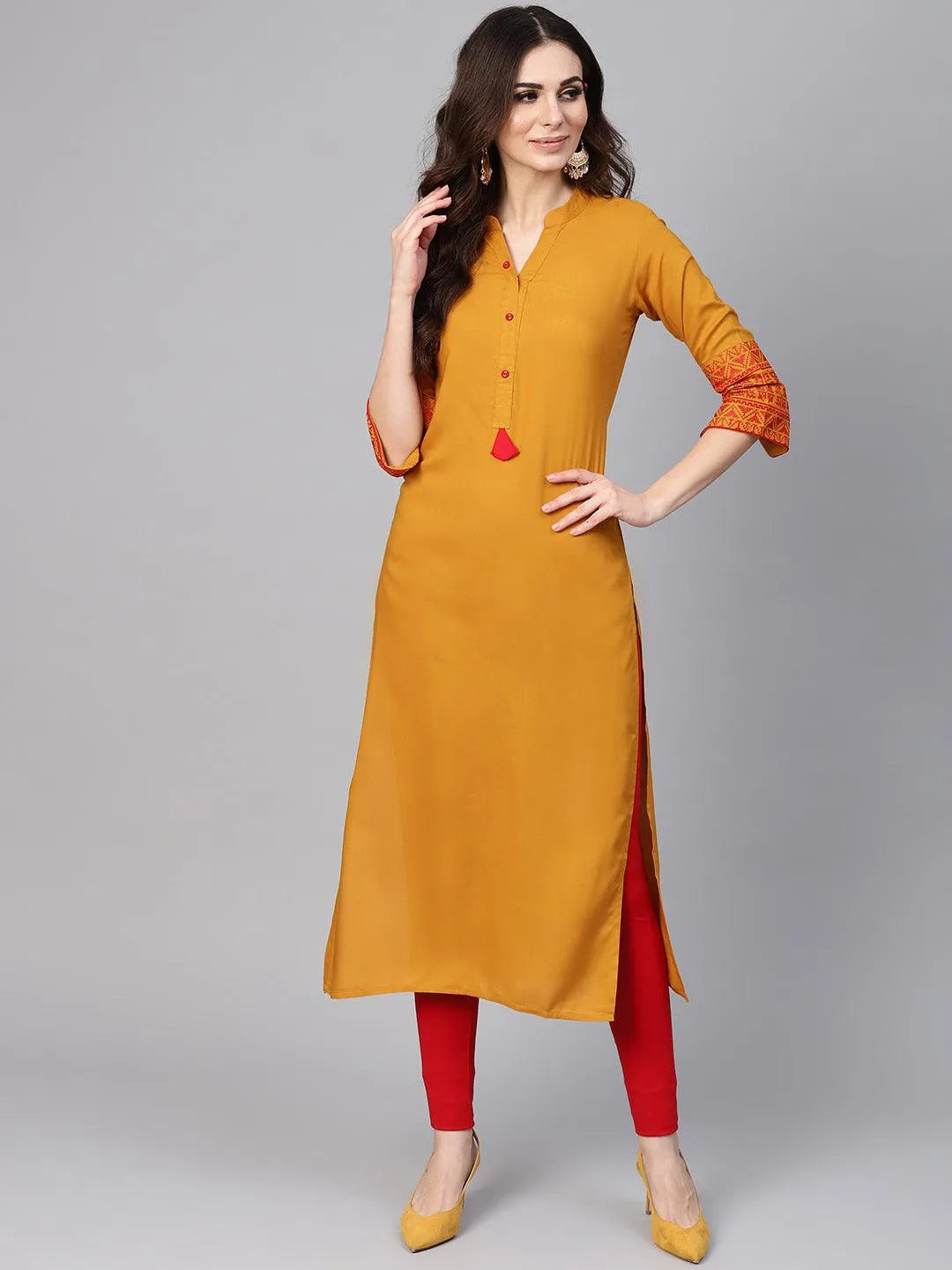 Mustard Embroidered Rayon Kurta - Libas