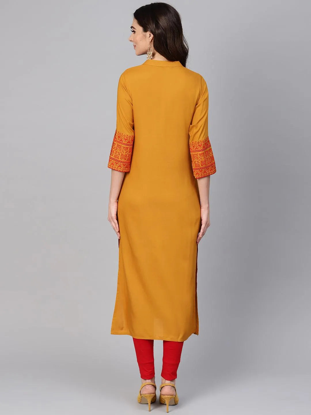 Mustard Embroidered Rayon Kurta - Libas