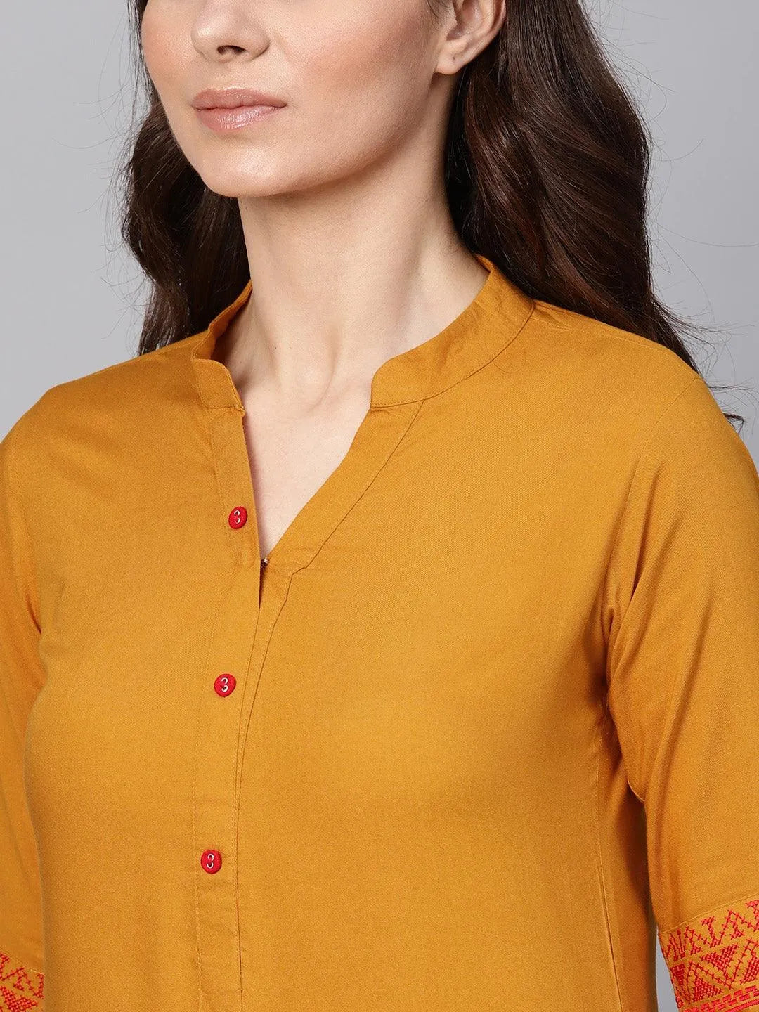 Mustard Embroidered Rayon Kurta - Libas