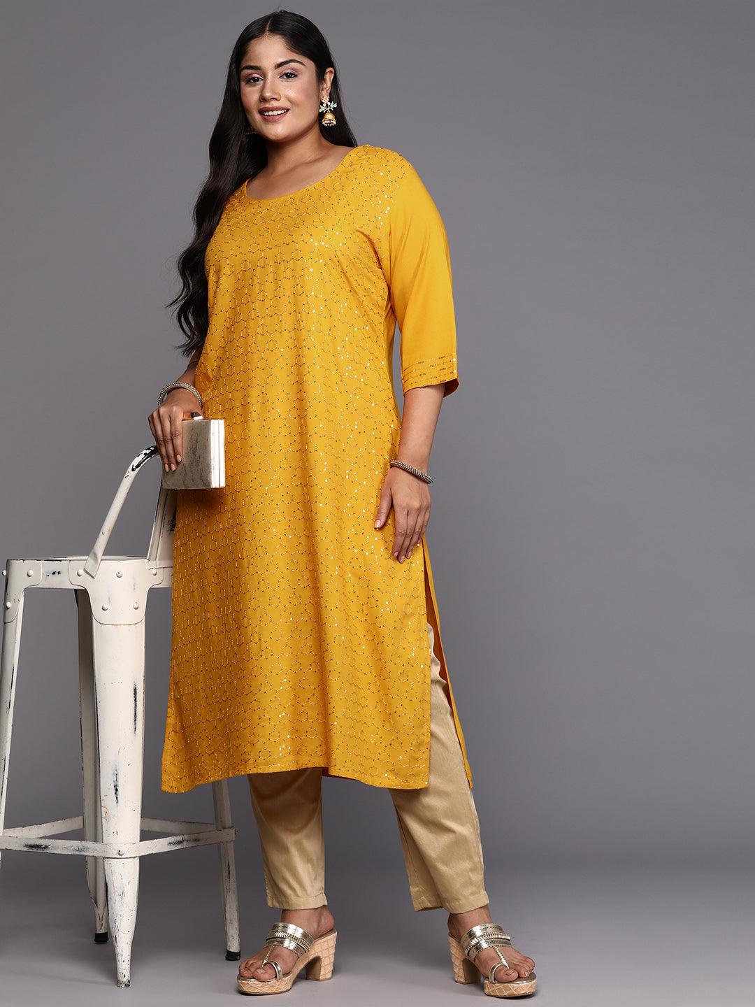 Mustard Embroidered Rayon Straight Kurta - Libas