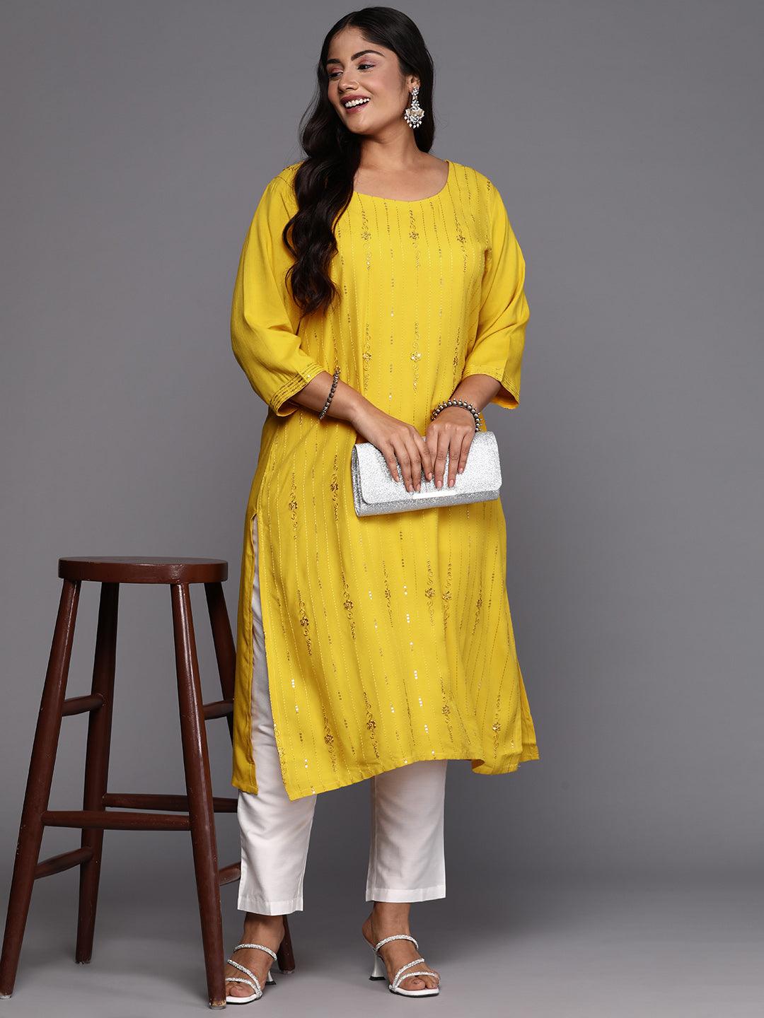 Mustard Embroidered Rayon Straight Kurta - Libas