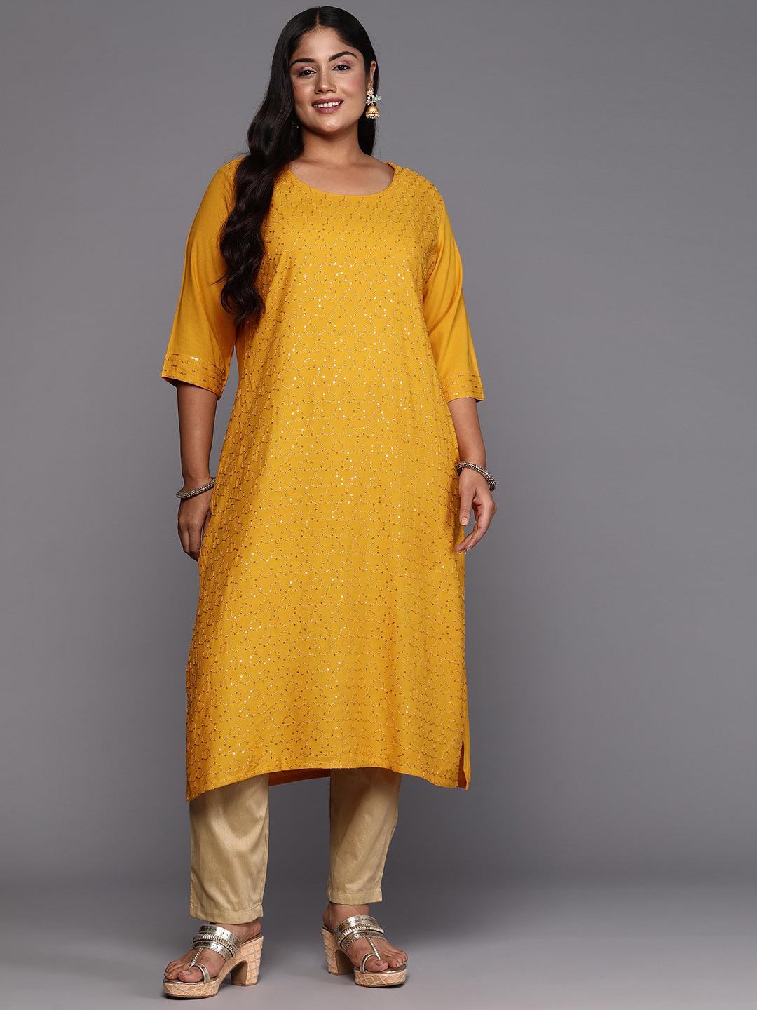 Mustard Embroidered Rayon Straight Kurta - Libas