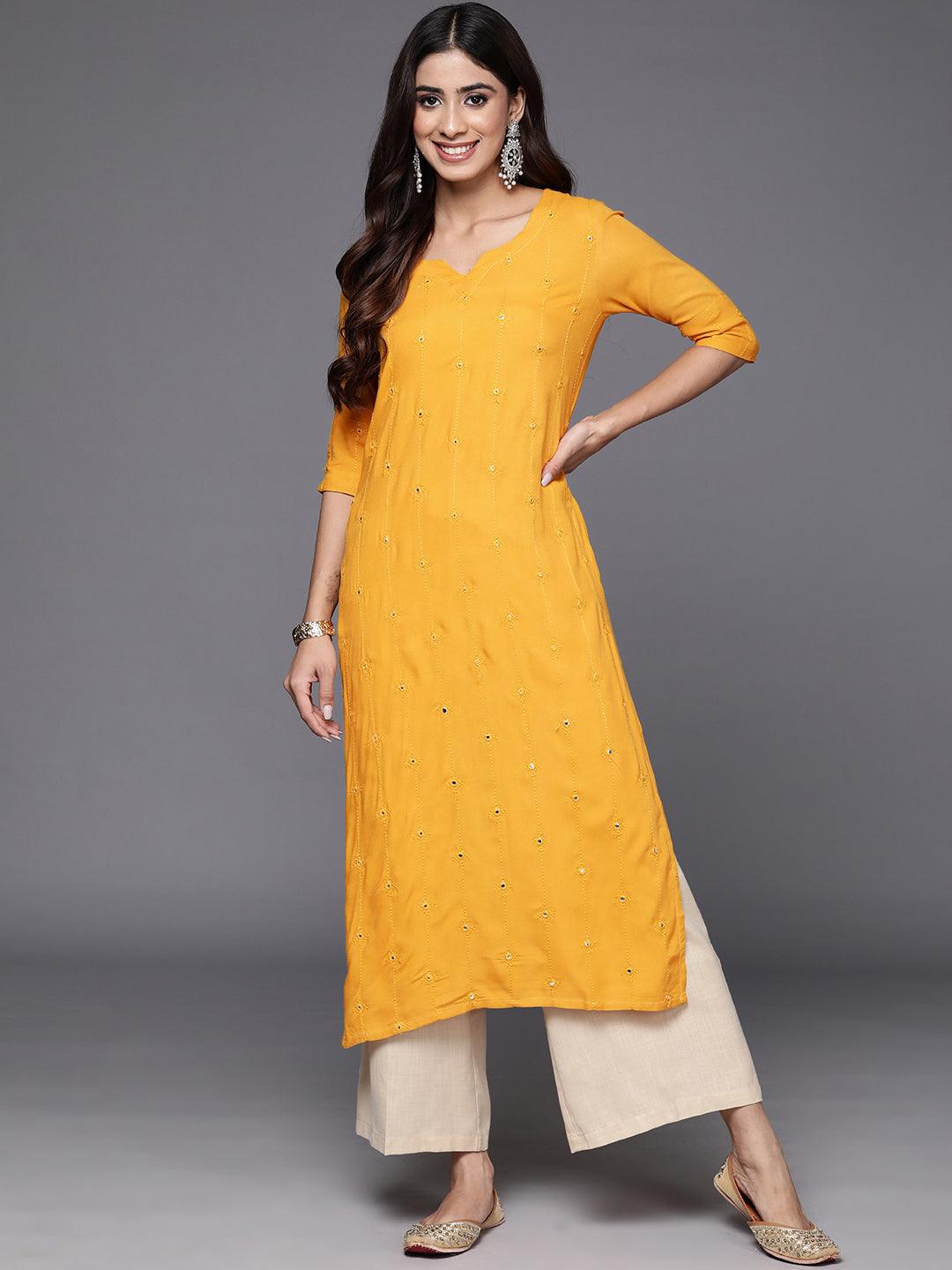 Mustard Embroidered Rayon Straight Kurta - Libas