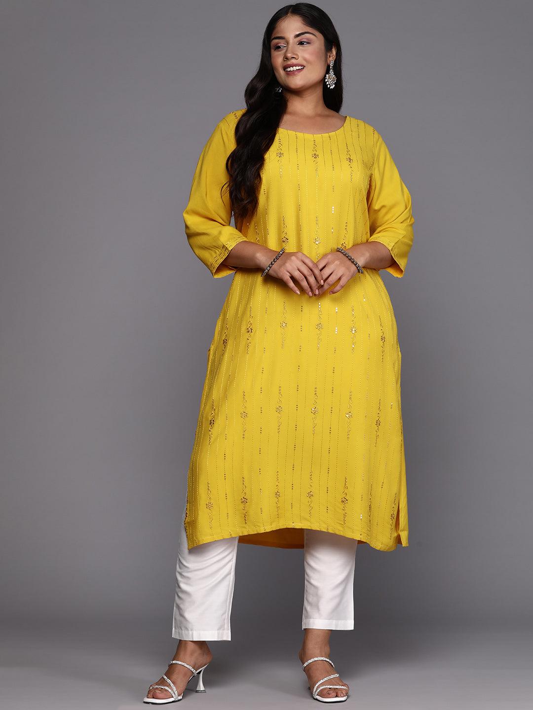 Mustard Embroidered Rayon Straight Kurta - Libas