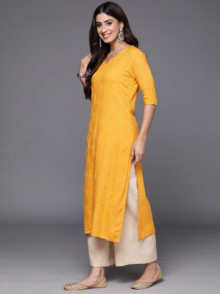 Mustard Embroidered Rayon Straight Kurta - Libas