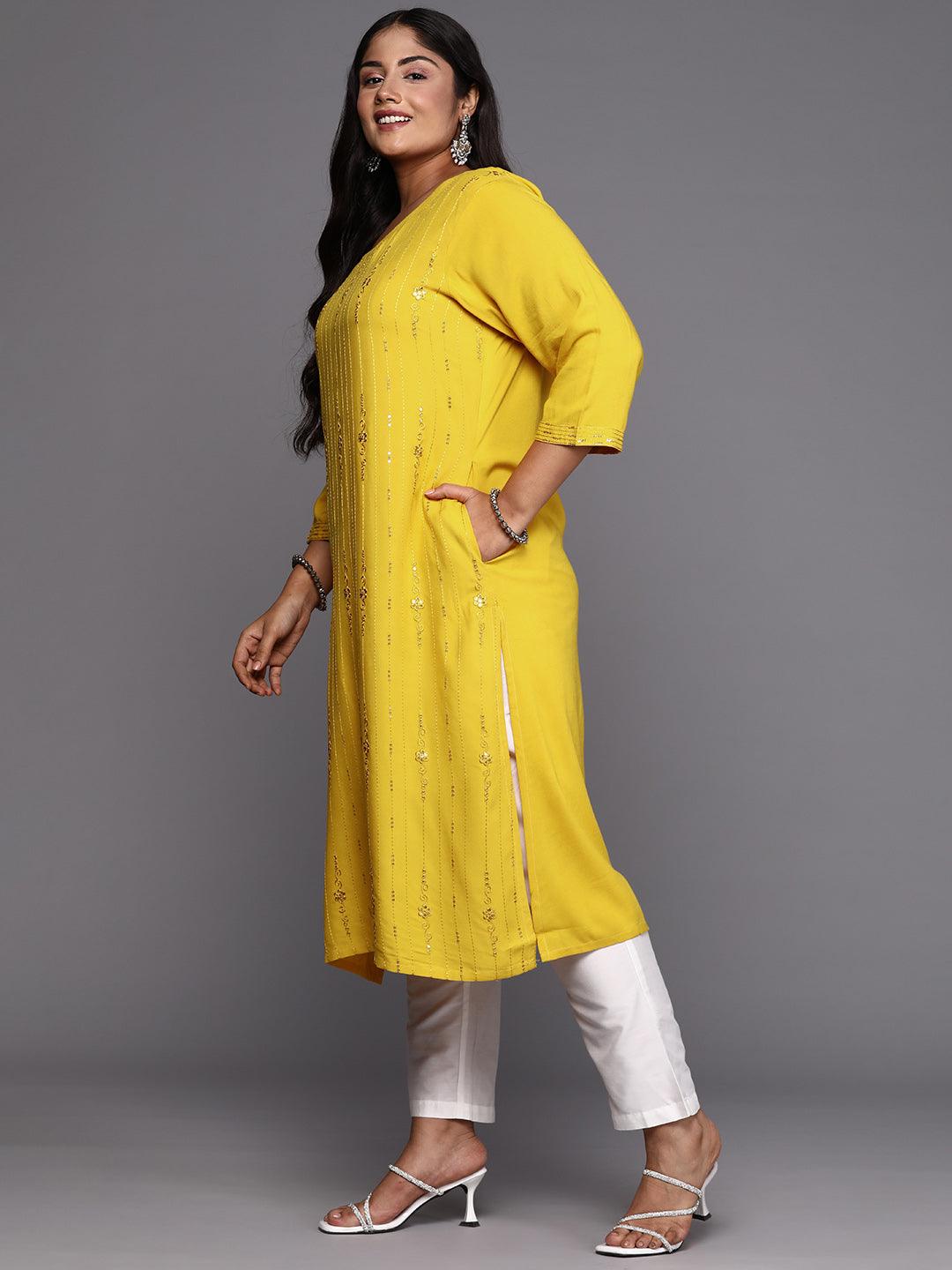 Mustard Embroidered Rayon Straight Kurta - Libas