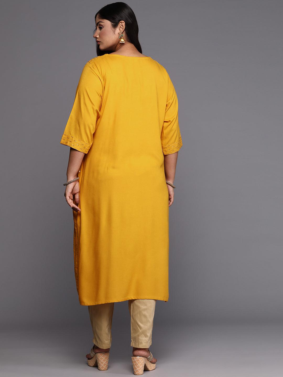 Mustard Embroidered Rayon Straight Kurta - Libas