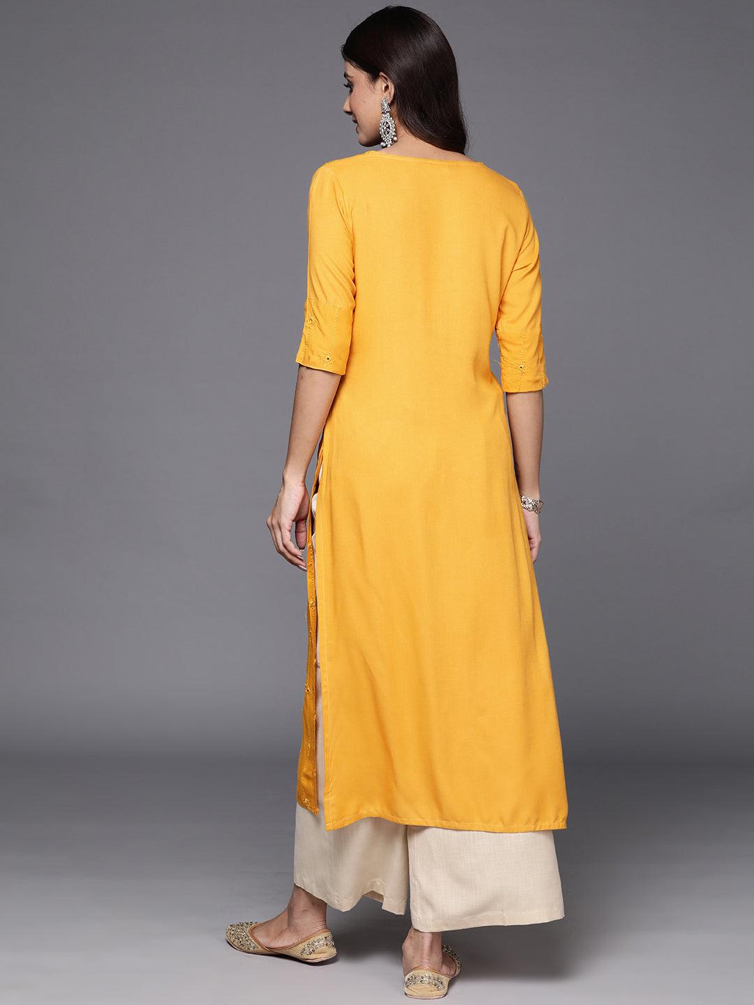 Mustard Embroidered Rayon Straight Kurta - Libas