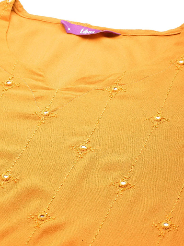 Mustard Embroidered Rayon Straight Kurta - Libas