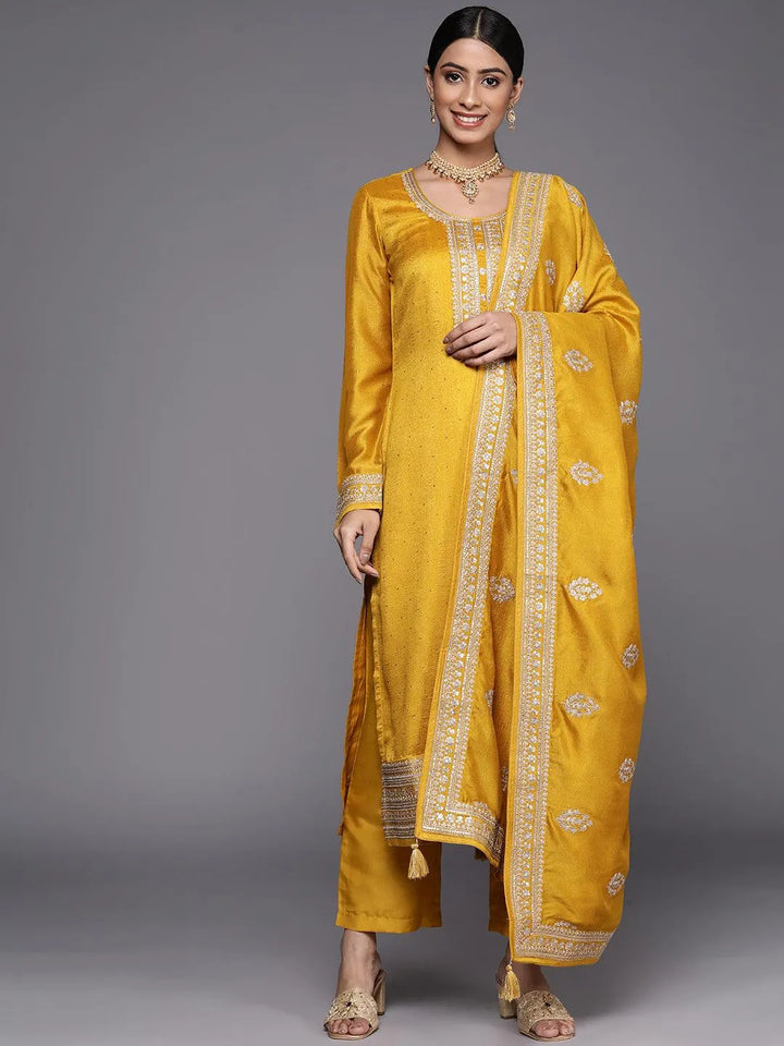 Mustard Embroidered Silk Blend Straight Suit Set - Libas