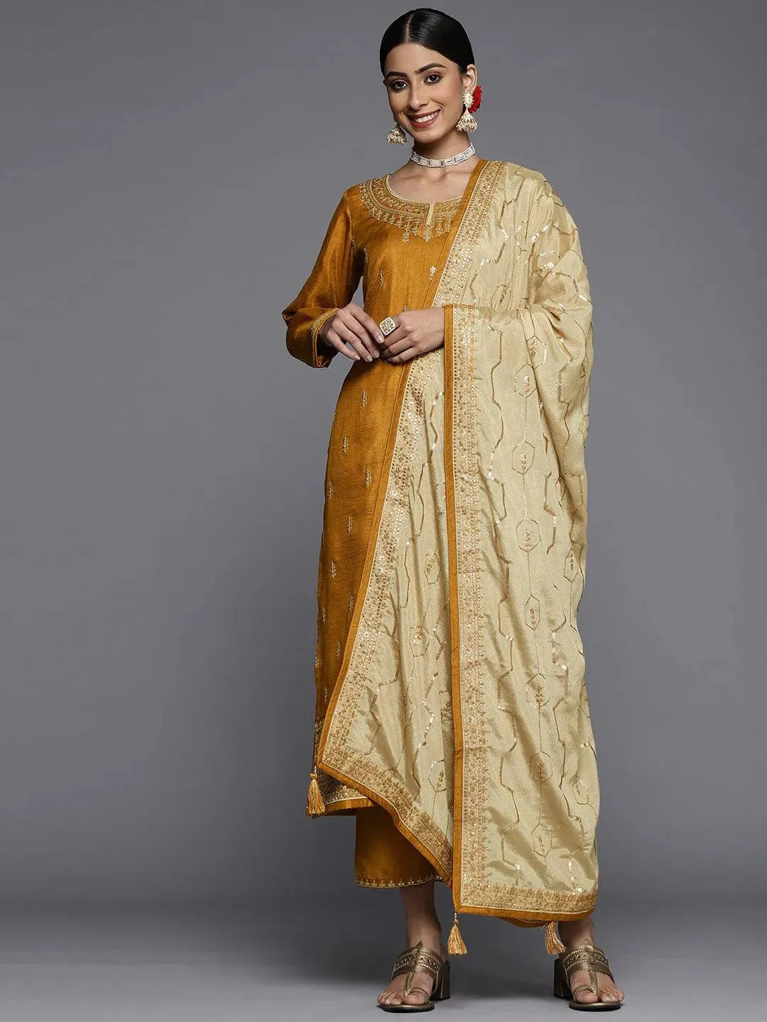 Mustard Embroidered Silk Blend Straight Suit Set - Libas