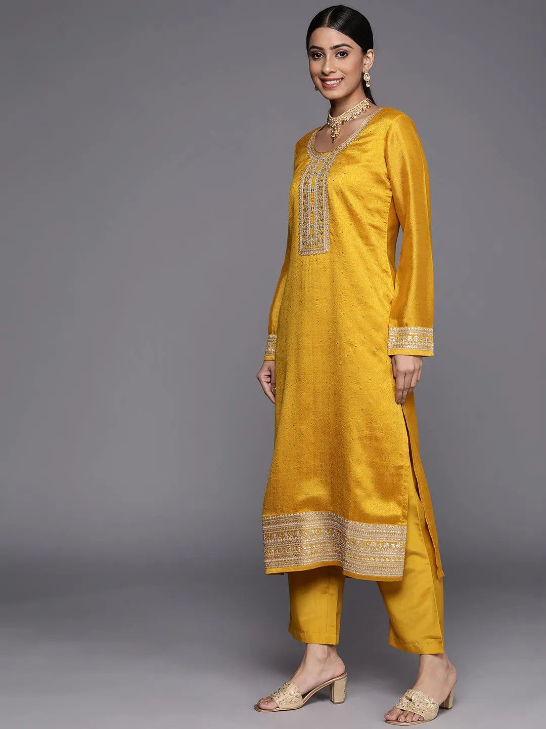 Mustard Embroidered Silk Blend Straight Suit Set - Libas