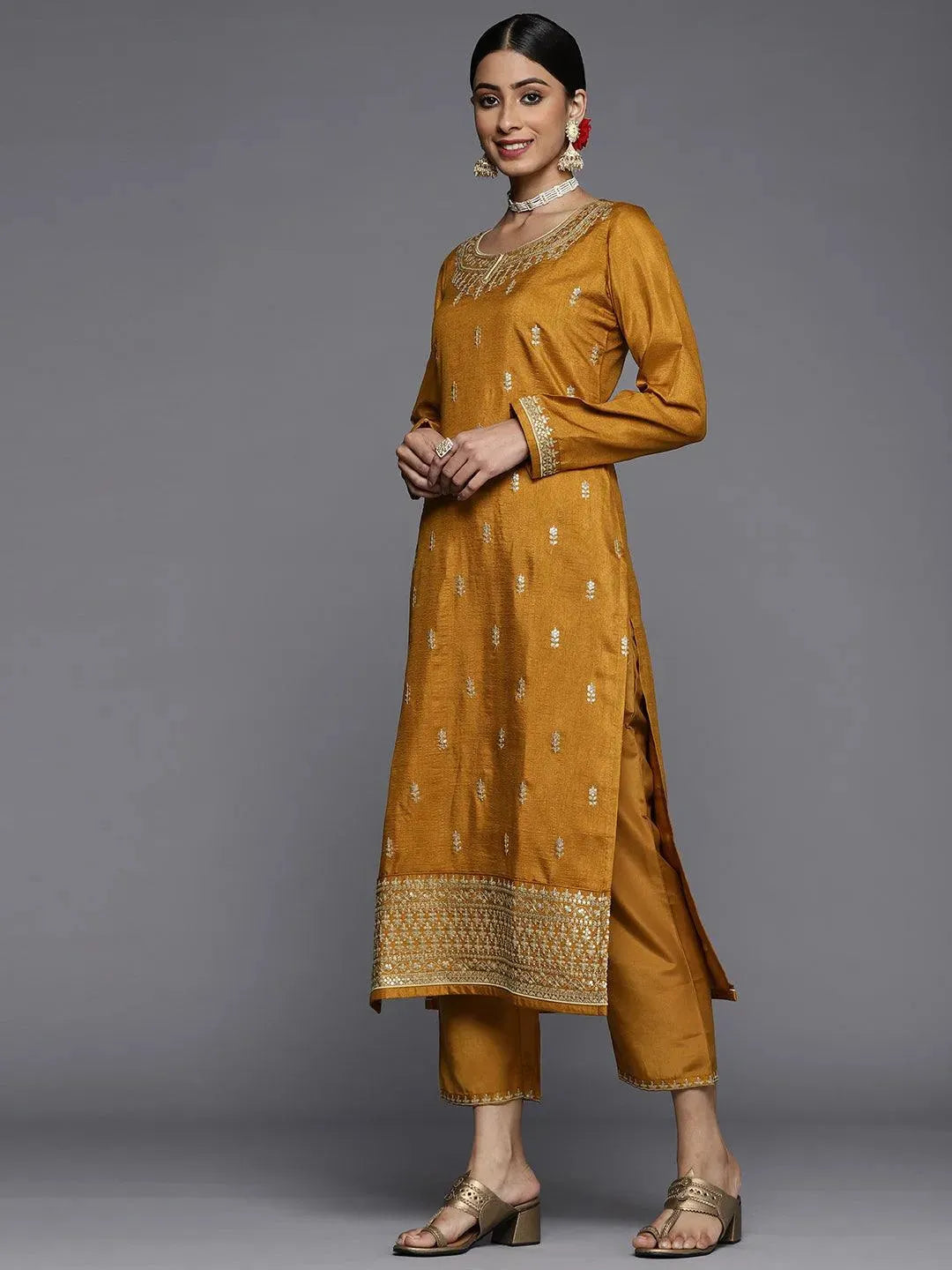 Mustard Embroidered Silk Blend Straight Suit Set - Libas