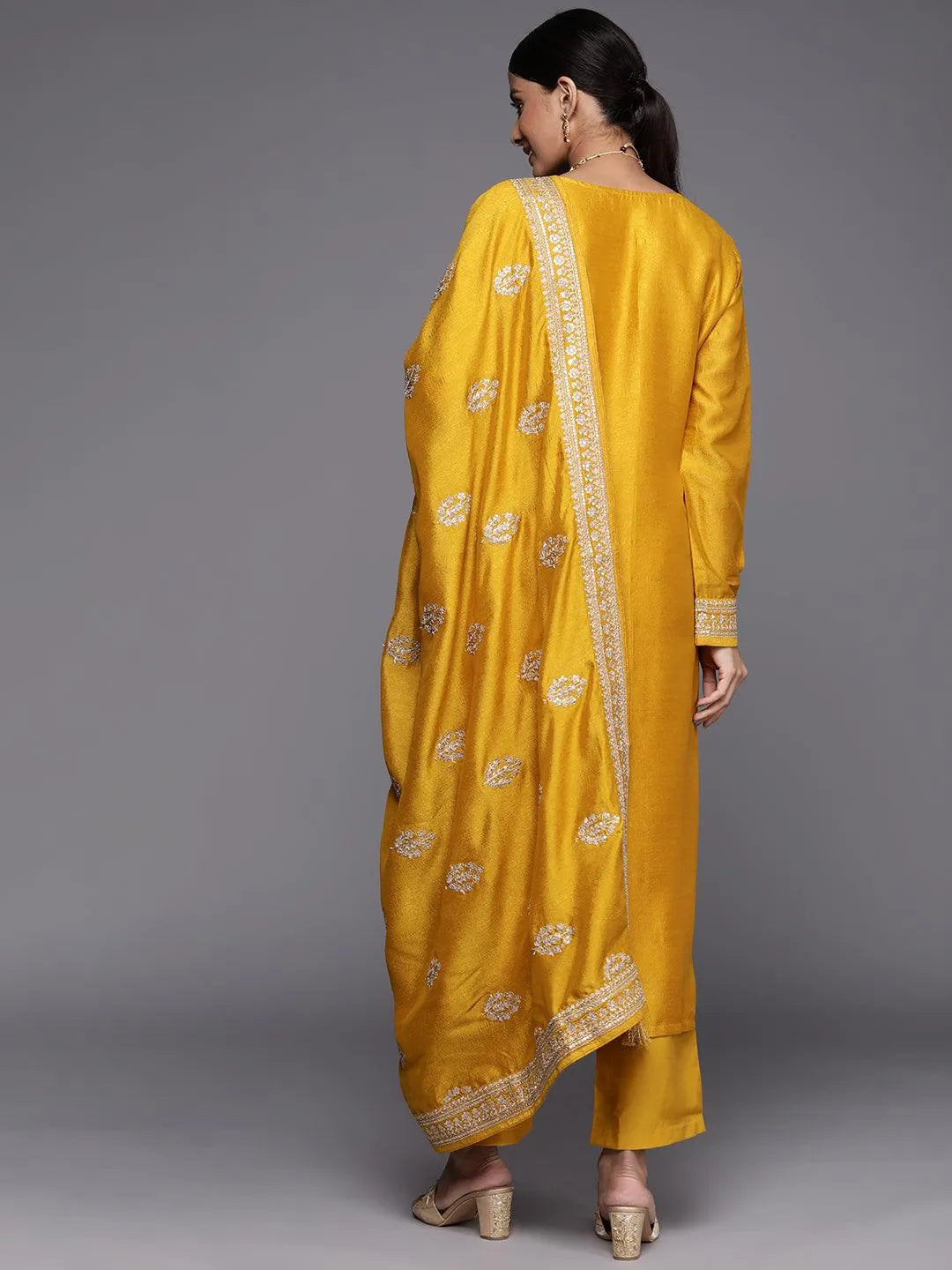 Mustard Embroidered Silk Blend Straight Suit Set - Libas