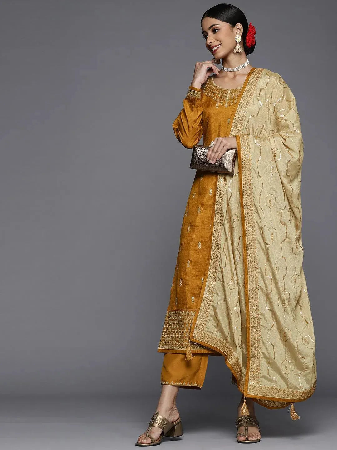 Mustard Embroidered Silk Blend Straight Suit Set - Libas