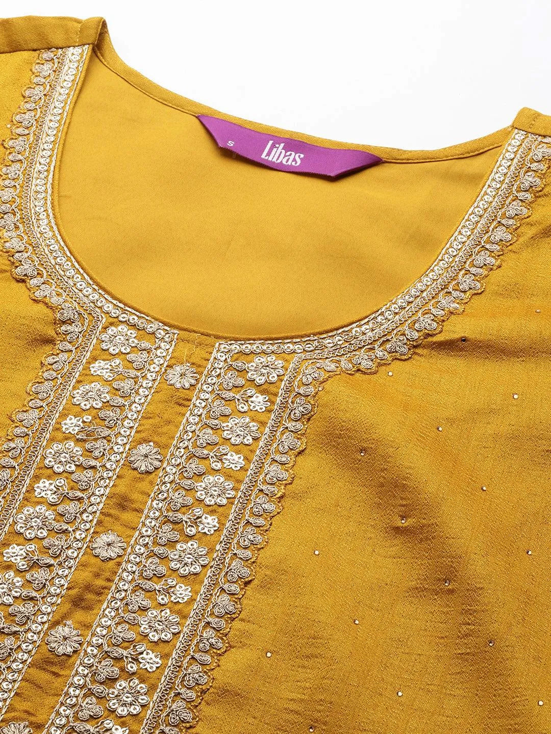 Mustard Embroidered Silk Blend Straight Suit Set - Libas