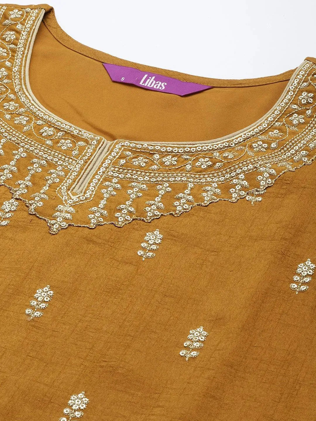 Mustard Embroidered Silk Blend Straight Suit Set - Libas