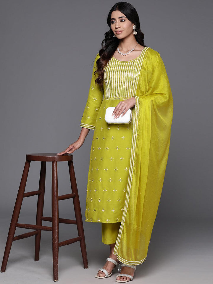 Mustard Embroidered Silk Blend Straight Kurta With Trousers & Dupatta - Libas