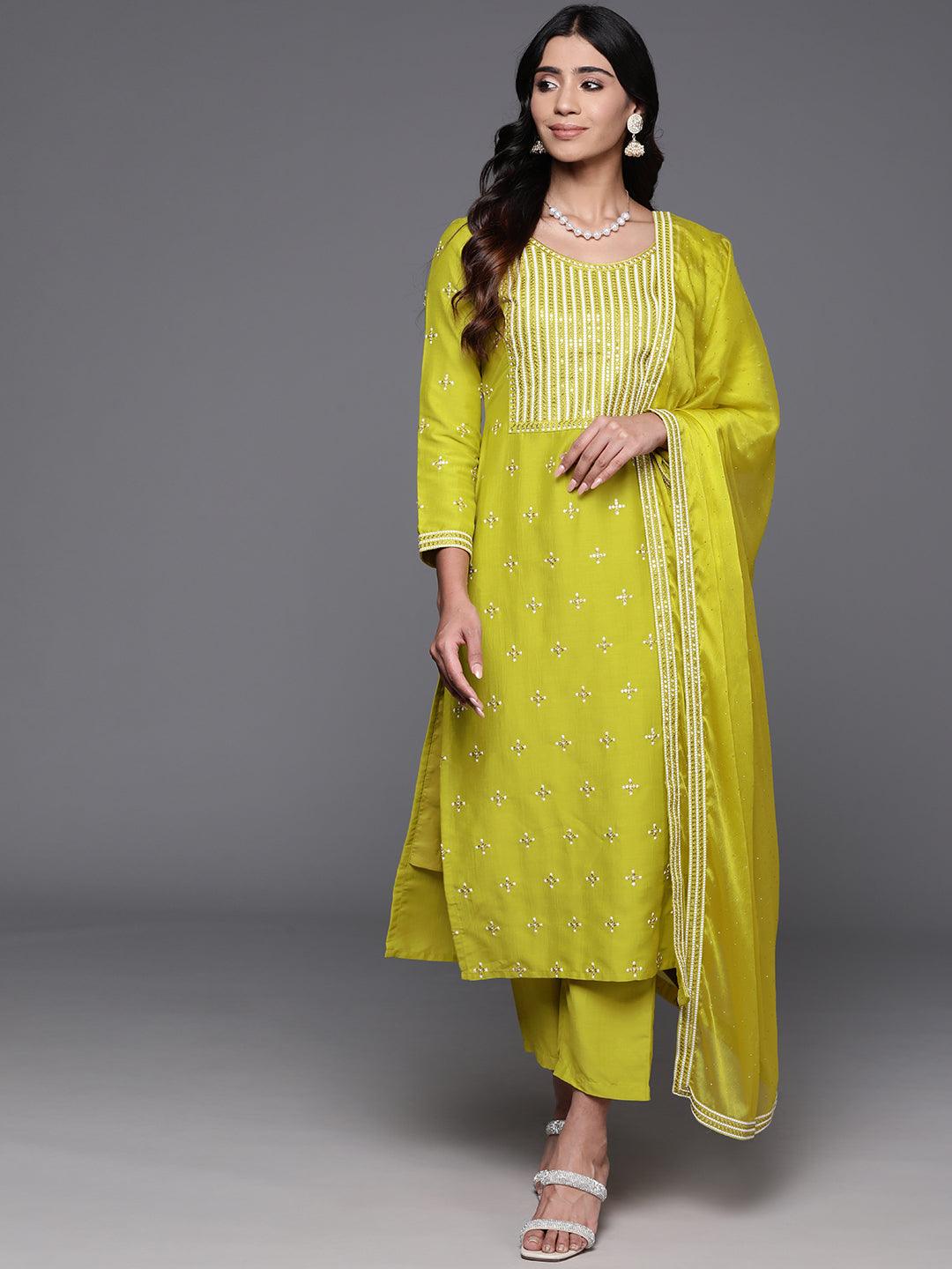 Mustard Embroidered Silk Blend Straight Kurta With Trousers & Dupatta - Libas