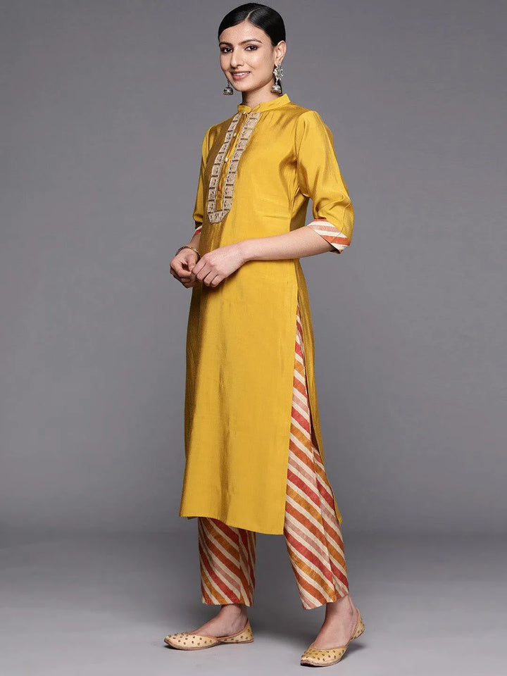 Mustard Embroidered Silk Blend Straight Suit Set With Trousers - Libas