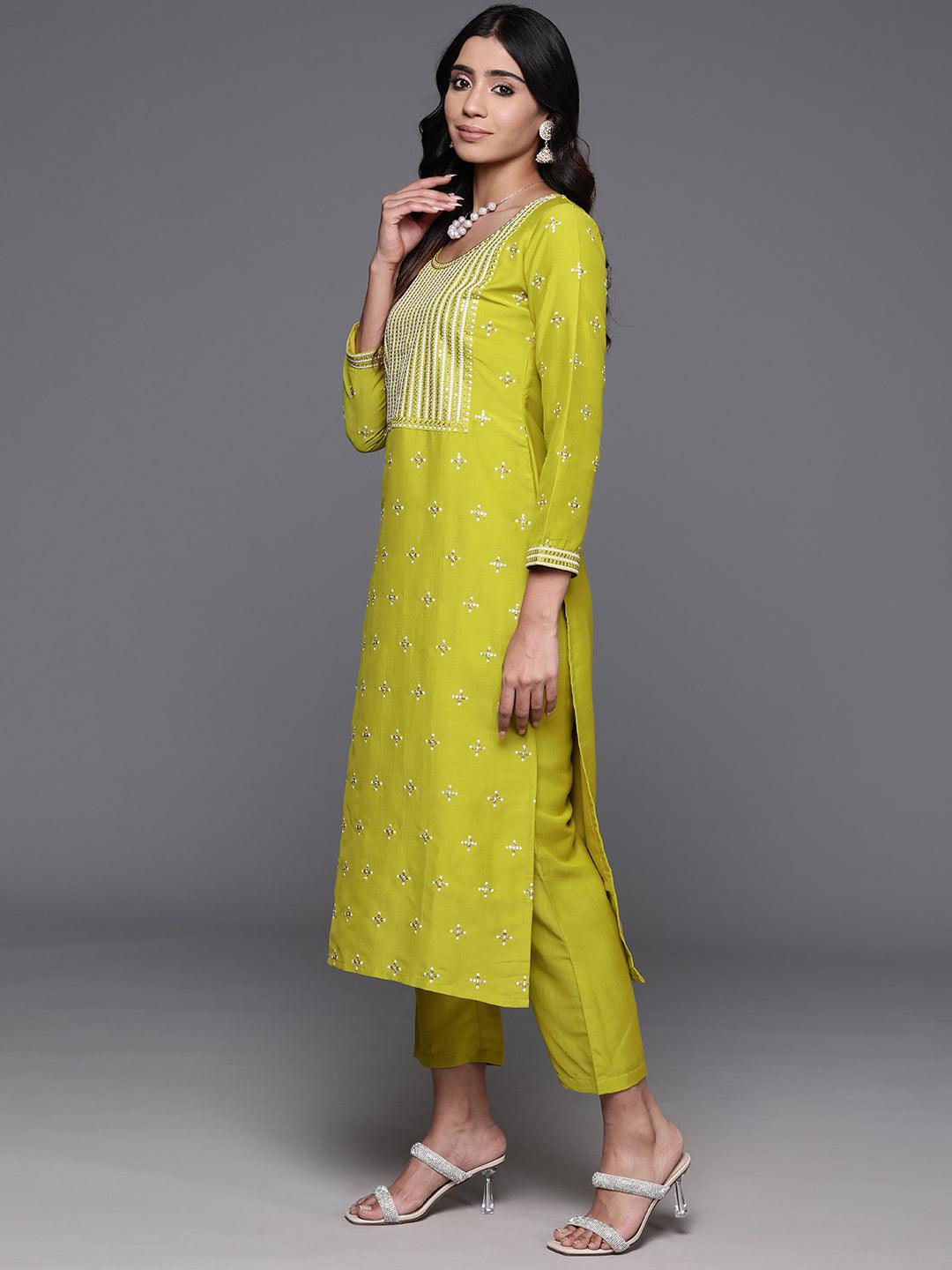 Mustard Embroidered Silk Blend Straight Kurta With Trousers & Dupatta - Libas